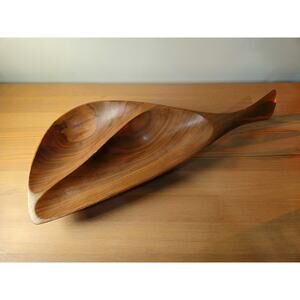 Double Emil Milan Carved Wooden Mid Century Modern Bowl signed